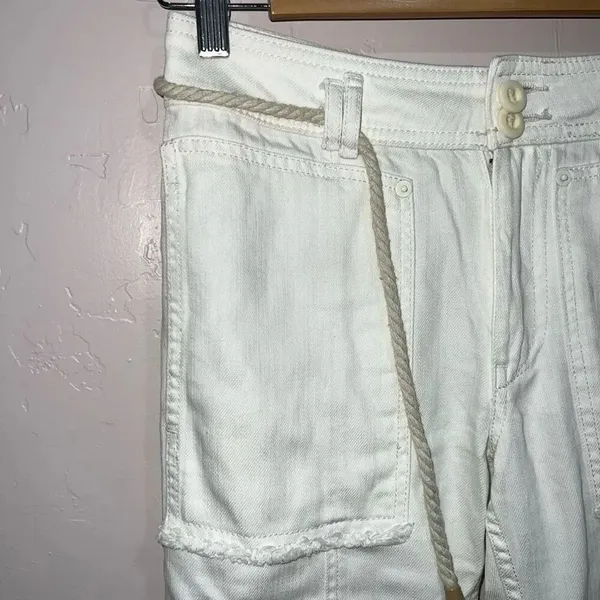 ANTHROPOLOGIE White Canvas Denim High Rise Belted Straight Crop Jeans 25 - Image 3