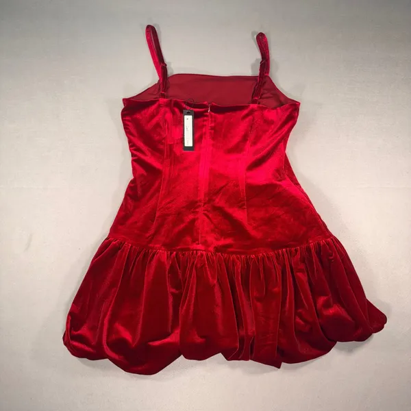 Steve Madden Giovanna Red Velvet Bubble Hem Mini Dress Adjustable Straps Size 10 - Image 2