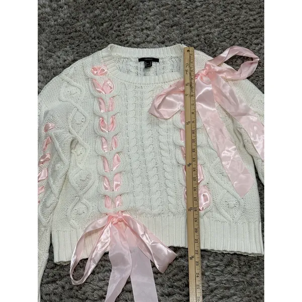 Women’s Ivory Chunky Cable Knit Sweater Pink Ribbon Bow Oversized Himekaji L - Image 13