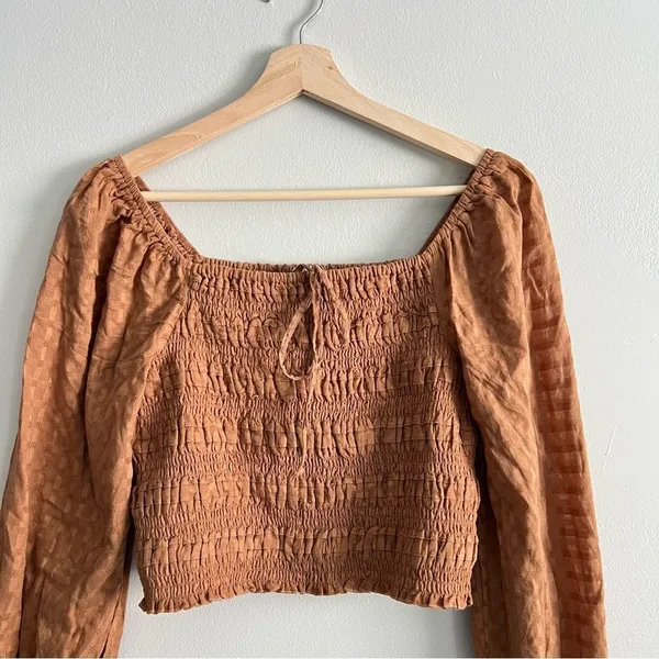 American Eagle Smocked Blouse NEW Brown Puff Long Sleeve Size Medium Square Neck - Image 3