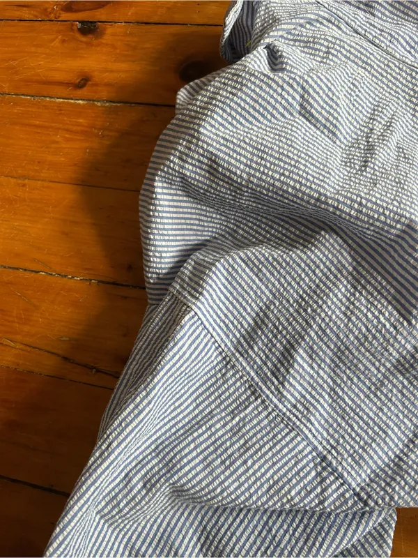 Jill Mogowan blue white striped button down shirt USA cotton small see stains - Image 13