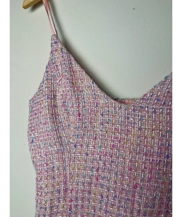 Fanco Pink Tweed Mini Dress Size Small NWT Barbie Preppy Fringe Spaghetti Strap - Image 3