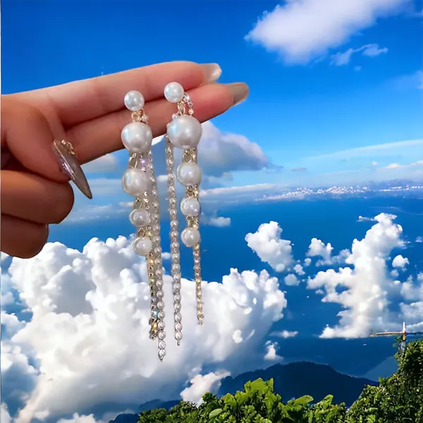 Faux Pearl Shiny Rhinestone Chain Tassel Design Dangle‎ Earrings Elegant Fashion - Image 9