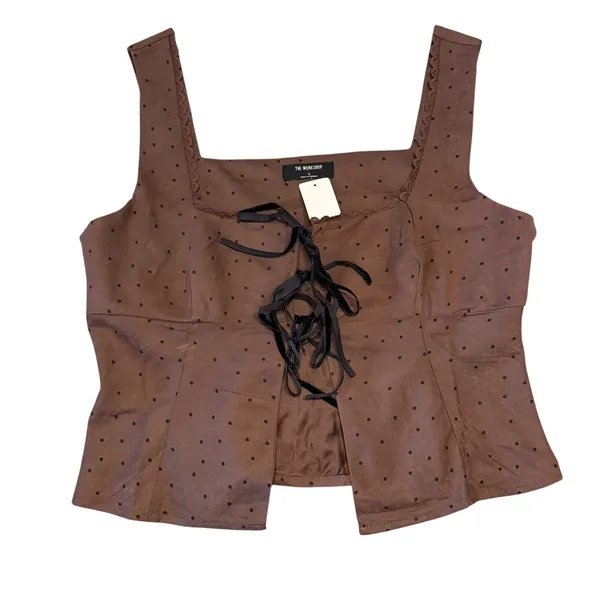 Open Front Milkmaid Top Brown Black Polka Dot Cutesy Coquette Cottagecore Size L - Image 2