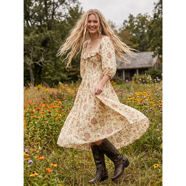 Free People Dainty Ethereal Cottage Oasis Floral Midi Dress Ivory Medium - Image 4