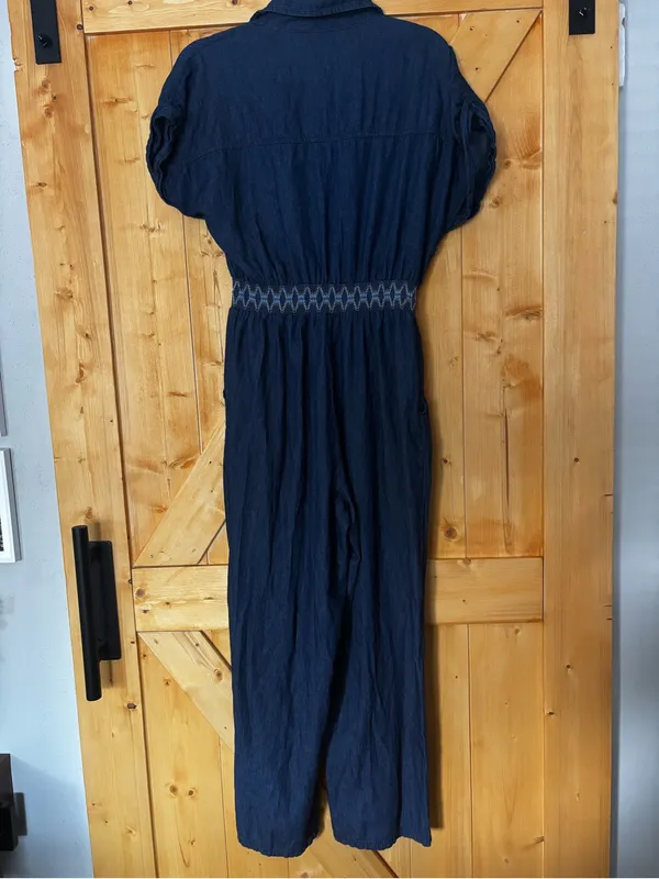 Indigo & Lace Denim Jumpsuit Smocked Waist Blue Size‎ L - Image 7