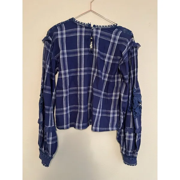 FREE PEOPLE Darling Diana Tunic Lace Top Size‎ XS-Blue Plaid $128 - Image 7