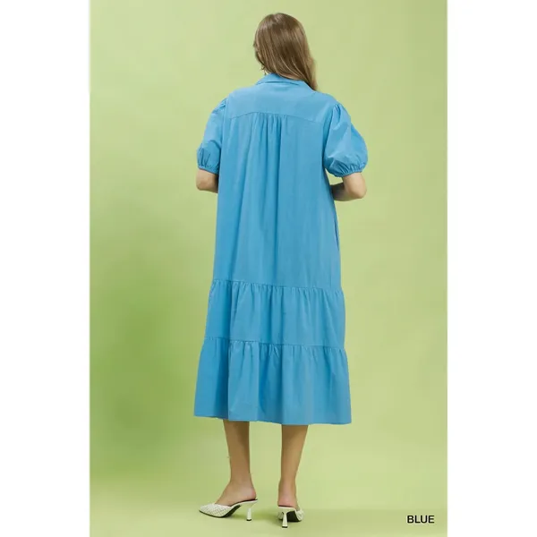 Umgee Solid Tiered Midi Dress‎ - Blue - Small - Image 3