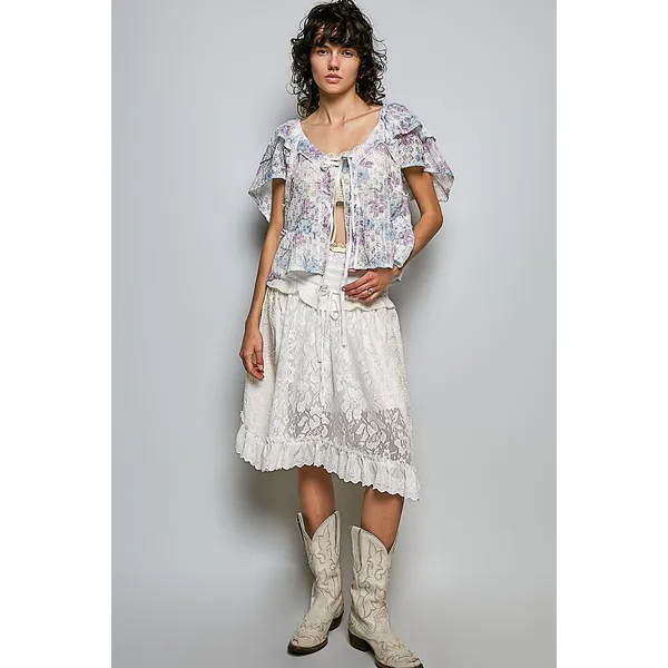 POL Lace Detail Floral Tie Front Ruffle Short Sleeve Blouse -‎ Off White - Large - Image 4