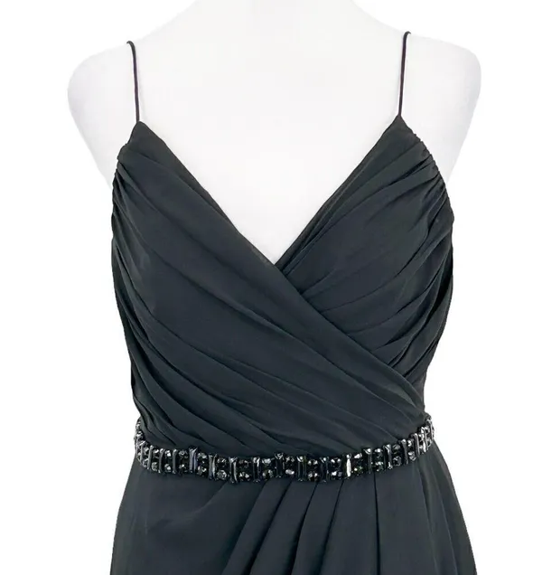Lillian’s V Neck Faux Wrap Beaded Banding Waist Black Formal Dress Gown Size 6 - Image 13
