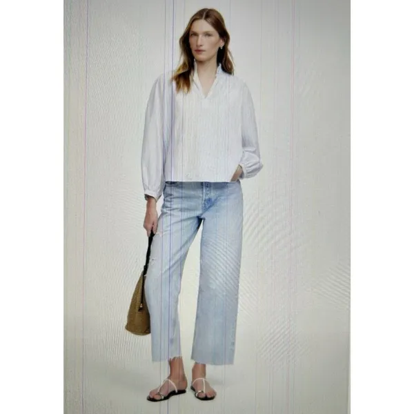 Madewell $98 Ruffled Popover Long Sleeve Top Stripe Blue Cotton Blouse Size M - Image 3