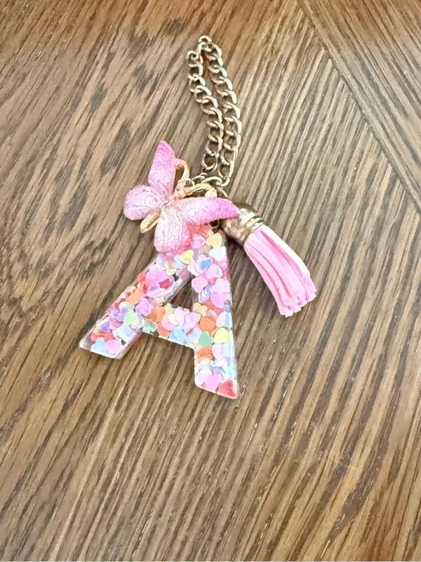 Yika Letter A Initial Keychain Resin Charm w/ Butterfly Tassel Pendant Pink NWOT - Image 3