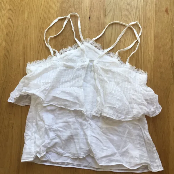 White House | Black Market White Tiered Pleat front Racerback design Eyelash Lace Trim cami in sm - Image 5
