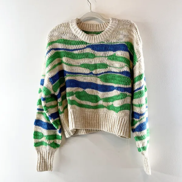 Aerie Long Sleeve Crewneck Chunky Knit Sweater Tan Green Blue Small - Image 2