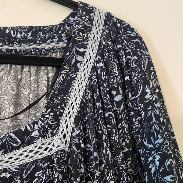 Free People Blue Floral Boho Square Neck Flowy Blouse Tunic Fairycore size Large - Image 3