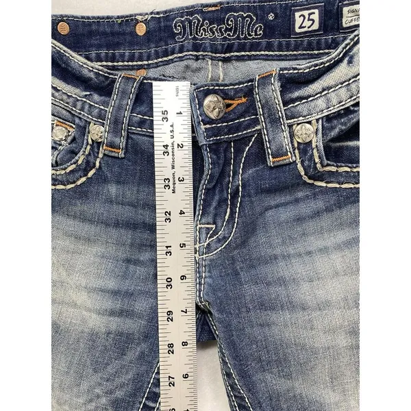 Miss Me Jeans Womens Sz 25 cuffed‎ capri Denim Embellished Fleur de lis Pockets - Image 5