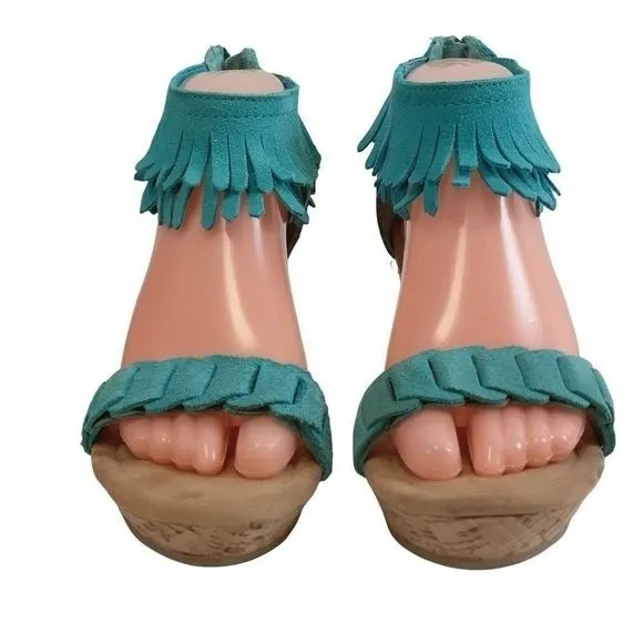 Minnetonka‎ Aqua suede fringe Nicki wedge sandals - Image 6