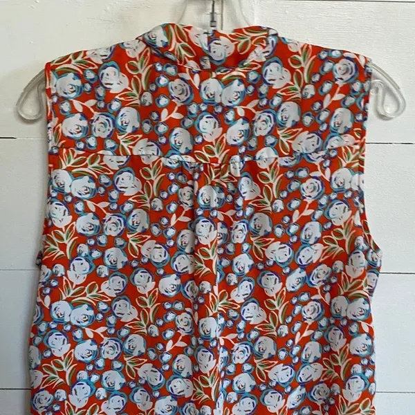 Pleione Womens Sleeveless Tie Neck Floral Blouse Orange Blue White WQZ58232RK M‎ - Image 9