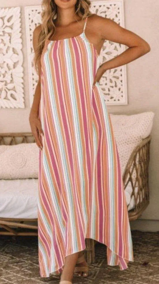 The Lace Daisy NEW Colorful Striped Spaghetti Strap Handkerchief Hem Maxi Dress Size Large - Image 6