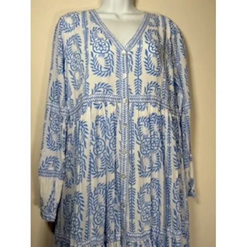 Vintage Ibiza Maxi Dress Blue White Block Print Tiered Resort Vacation Cotton M - Image 3