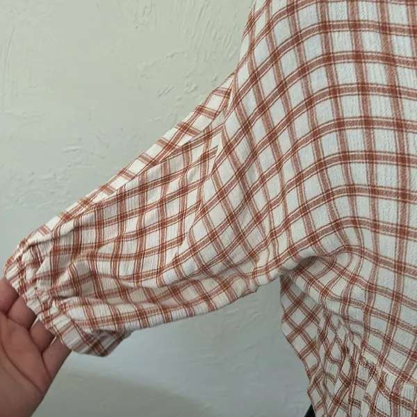 Newbury Kustom Plaid orange & white ruffle crop top w/ quarter sleeves & button down - Image 3