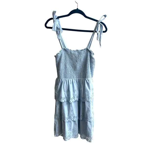 American Eagle Mini Dress Womens‎ Medium Blue Cottagecore Eyelet Smocked Tiered - Image 3