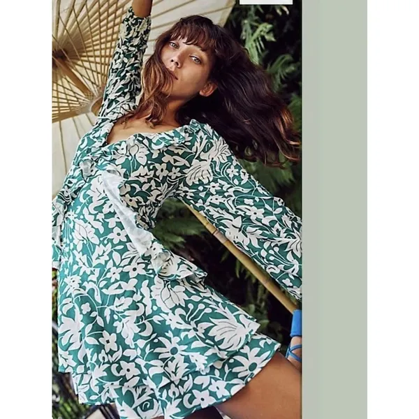 Free People Rebecka Floral Ruffled Mini Dress Size Medium Emerald Green - Image 3