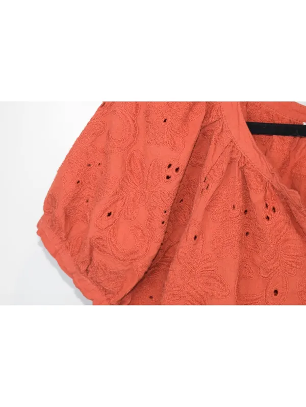 Rust Orange Eyelet Embroidered Puff Sleeve Button Front Blouse Boho Top 1X Size XL - Image 4