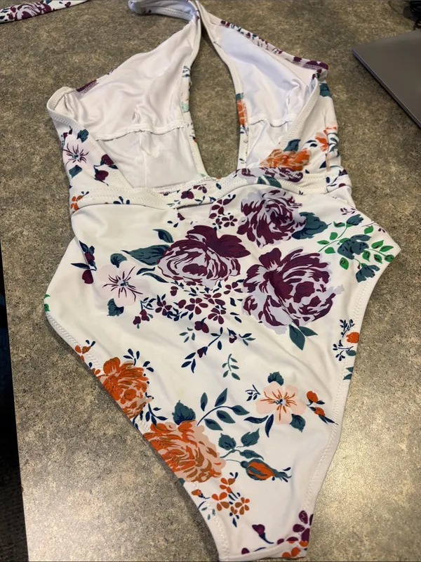 Cupshe White Floral Halter One-Piece Swimsuit with Purple & Orange Flowers - Image 2