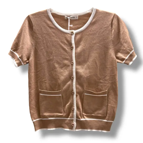 Grace Karin Women's Short Sleeve Button Front Cardigan NEW Tan White‎ S - Image 2