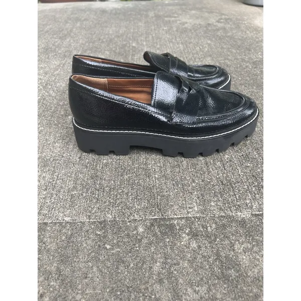 Franco Sarto Balin Black Crinkled Patent Lug Sole Penny Loafers W 7M Platform - Image 4