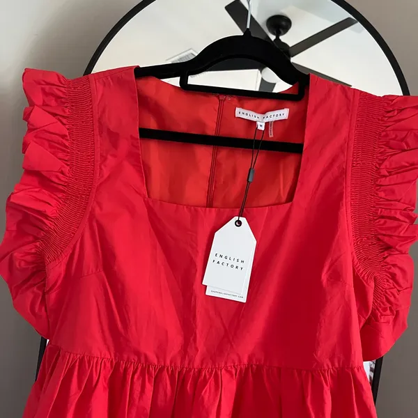 NWT English Factory Women’s Ruffled Dress with Smocked Detailing in Red - Image 2