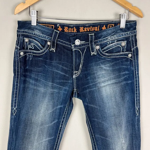 Y2K Rock Revival Sasha‎ Boot Jeans Womens 31 Dark Wash Denim Flap Rhinestones - Image 3