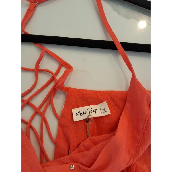 New In Wrinkly Fabric Style Orange Cotton Babydoll Strappy Size L Dress NEW - Image 6