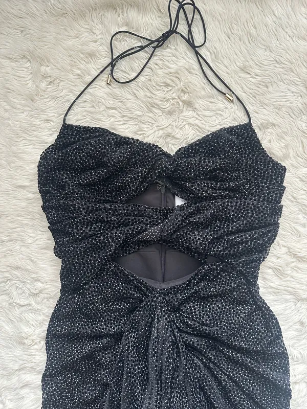 Significant Other Dress Halter Midi Cut Outs Ruffle Velvet Polka Dot Black Sz 4 - Image 5