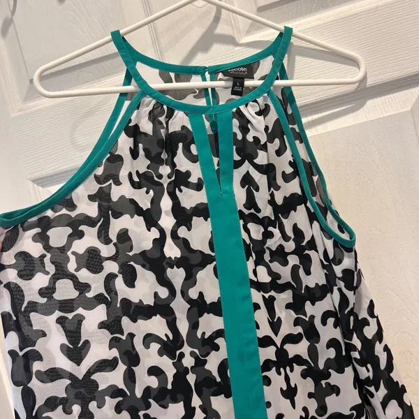 Nicole by Nicole Miller Black White Teal Damask‎ Halter High Low Blouse Large - Image 2