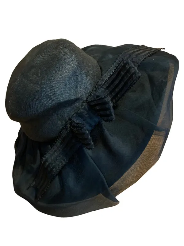 Vintage Adolfo Ii Black Wide Brim Linen Hat With Striped Bow - Image 3