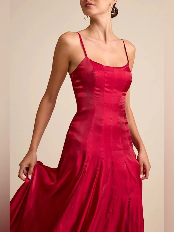 Lulu’s Berry Red Organza Pleated Drop Waist Maxi Dress Small - Image 5
