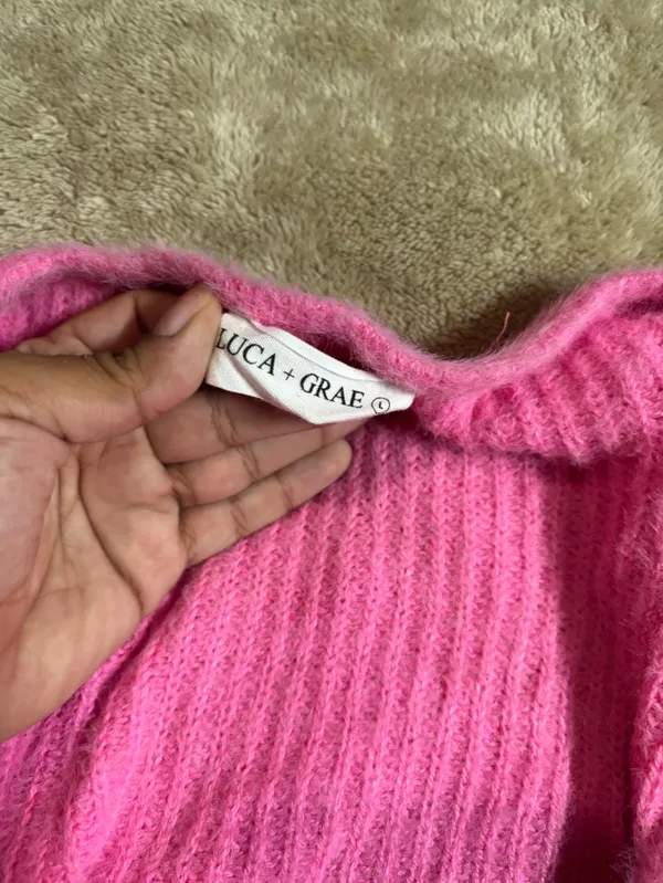 Luca + Grae Hot Pink Fuzzy Knit Wrap Crop Top Tie Waist Short Sleeve L - Image 3