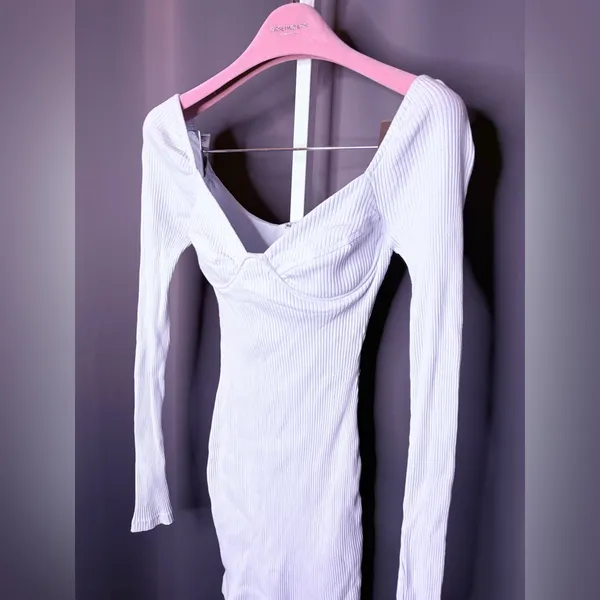 Sabo Off-White Ribbed Bodycon Long Sleeve Mini Dress Built-In Bra Size XS - Image 2