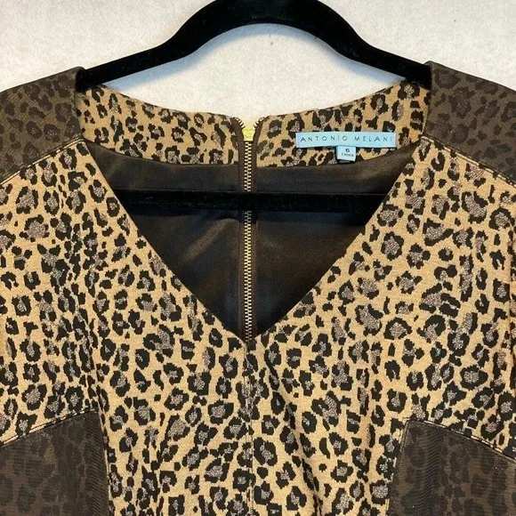 ANTONIO MELANI Dress Size 6 Black Brown‎ Sparkle Leopard Print 3/4 Sleeve V Neck - Image 4