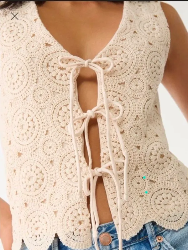 Stradivarius Cream Women's Tank Top Cottagecore Boho Y2k Size L - Image 2