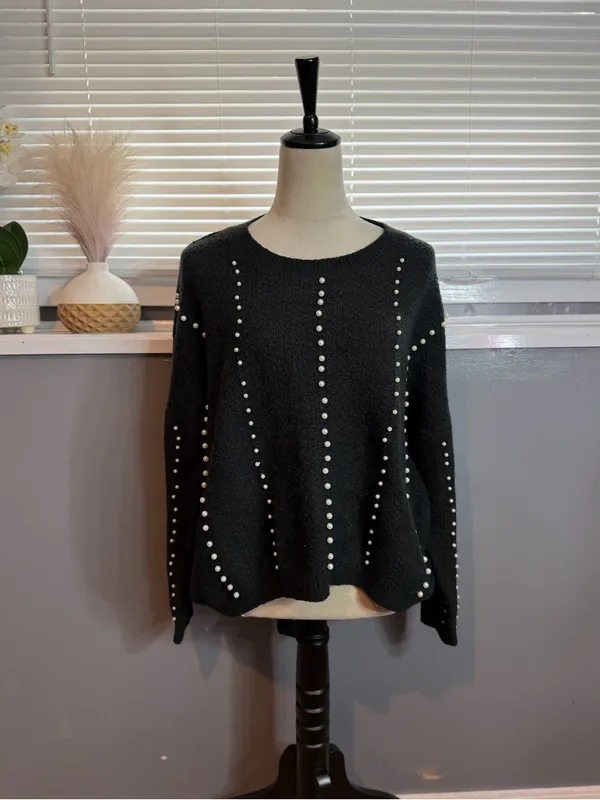 Lumiere Black Pearl Embellished Sweater | Soft Glam Cozy Knit - Image 2