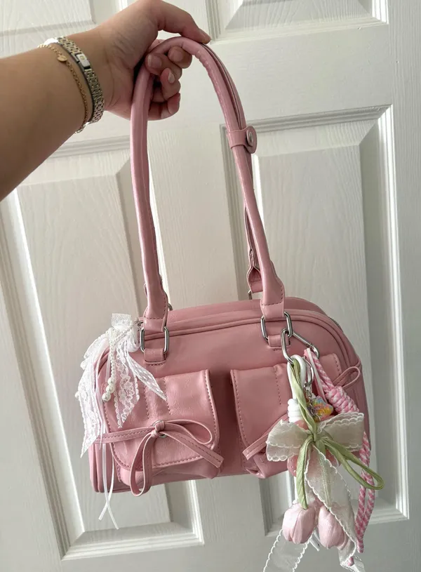 Pink Front Pocket Bow Shoulder Bag with Tulip Bear Charm - Image 4
