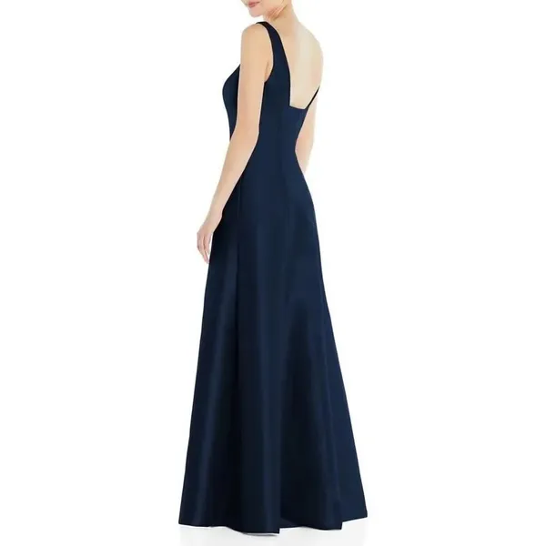 Alfred Sung Maxi Gown Women's 14R Navy Blue Square Neck Satin A-Line Sleeveless - Image 2