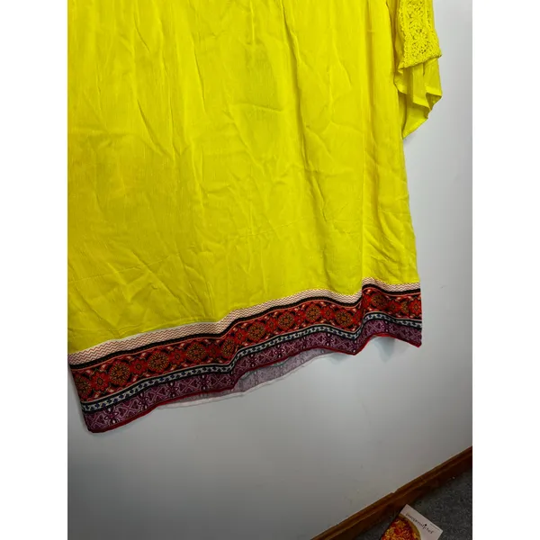 White Mark Yellow Embroidered Tunic Dress L Boho Kimono Sleeve Beach Coverup - Image 5