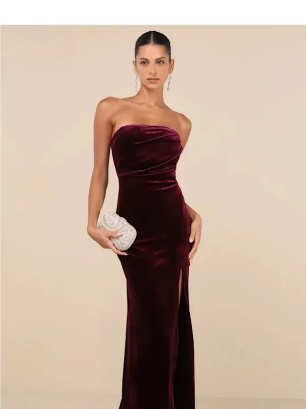 Lulu's Strapless Velvet Maxi Dress in Wine - Image 2