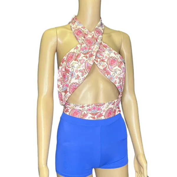 Tiger Mist Pink Paisley Print Criss Cross Boho Wrap Halter Top Women’s Size XS - Image 4
