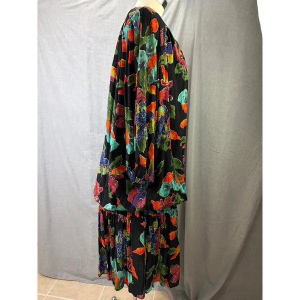 Vintage Sharon Anthony Black Floral Drop Waist Dress Made‎ in USA 16W 80s - Image 9