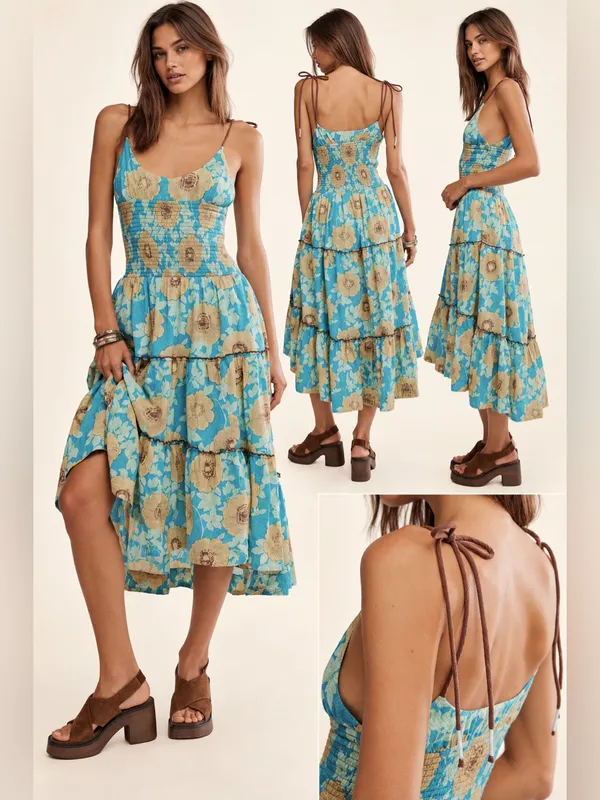 Free People $168 Adriel Floral Tie Strap Tiered Midi Dress XL - Image 2